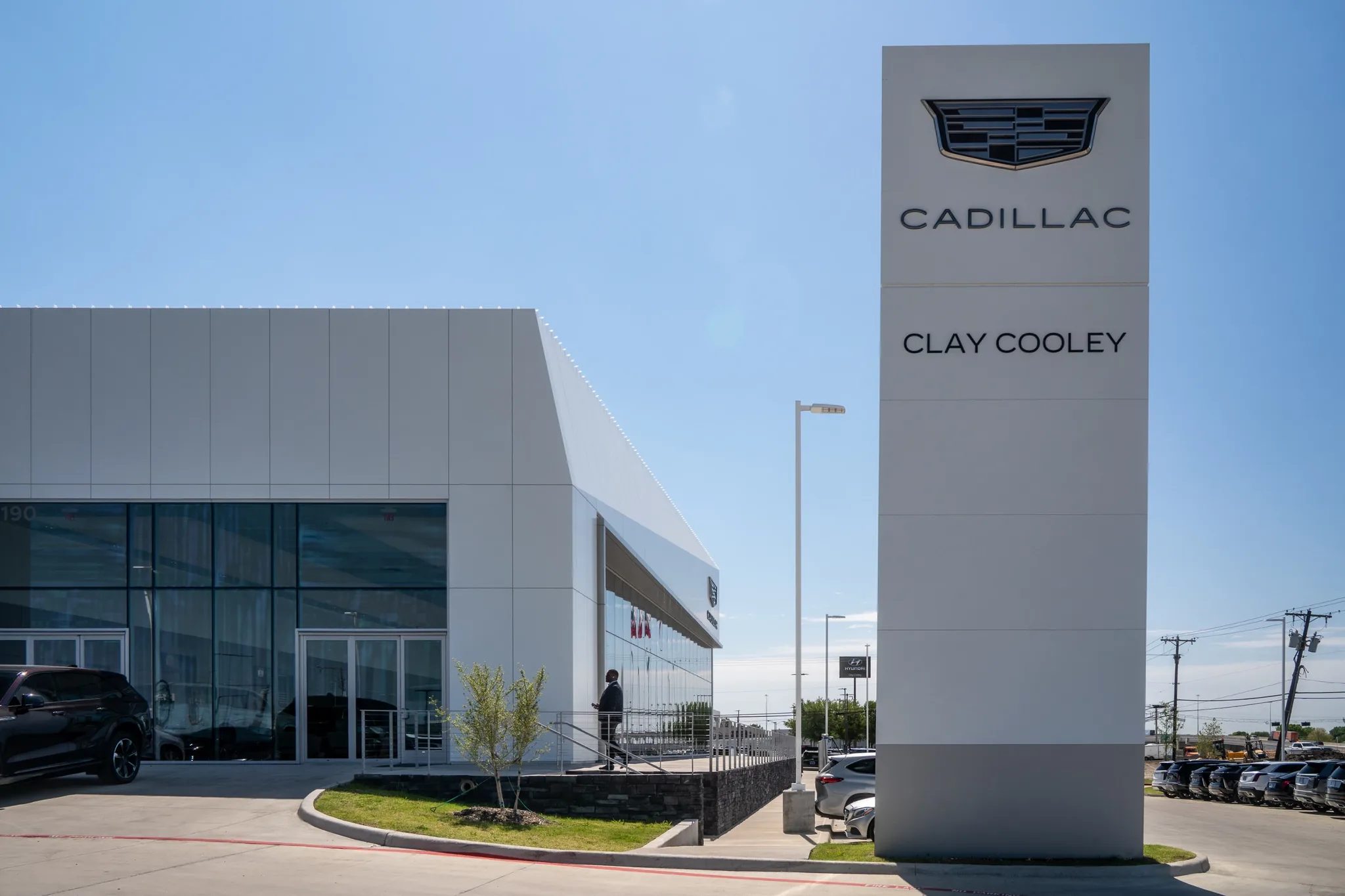 Cadillac and Clay Cooley pylon sign in front of the Clay Cooley Cadillac dealership in Mesquite, Texas, built by The Charles Morgan Group