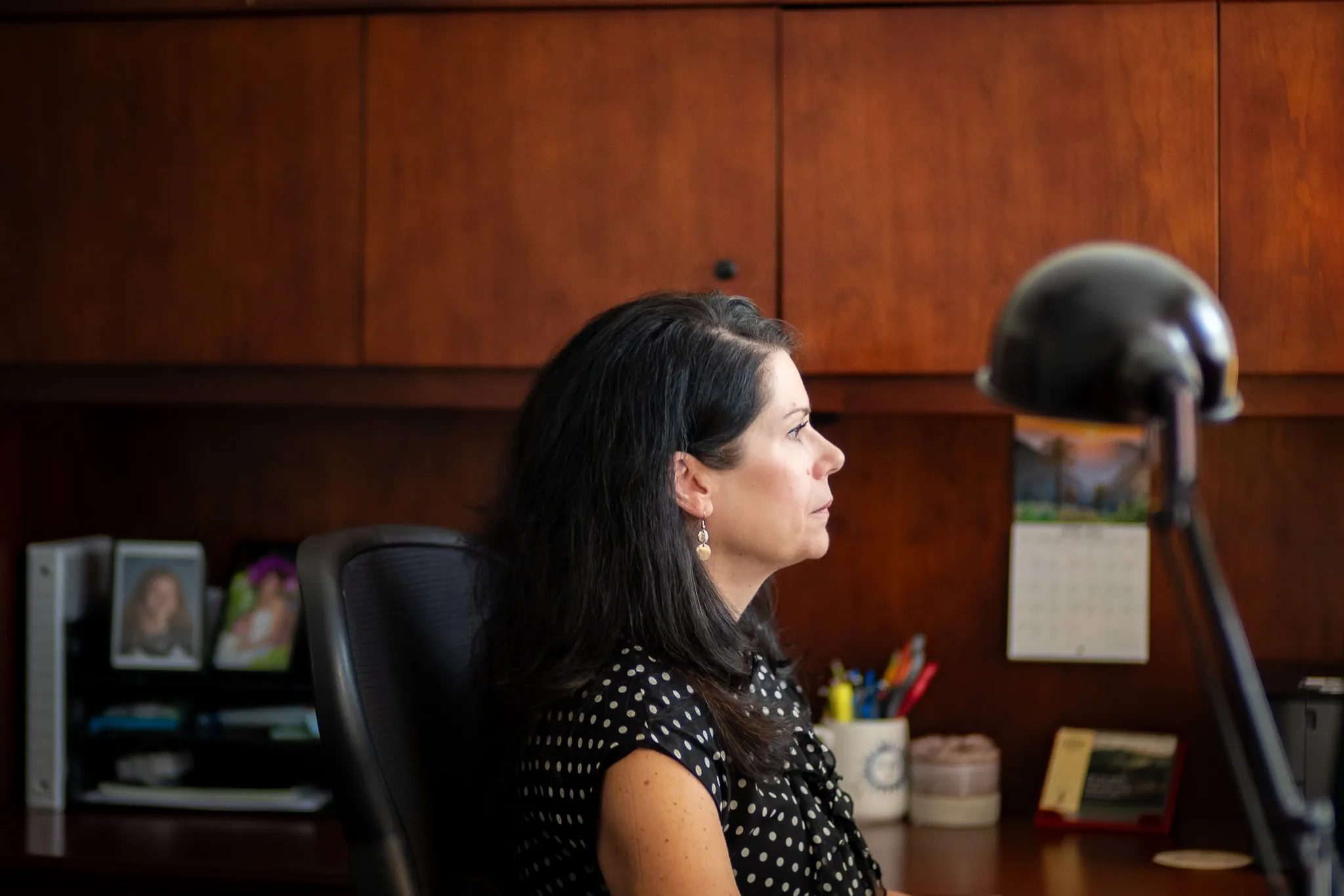 Melissa J. Hessler, Partner, in profile at a desk in a wood-paneled office at Nelson Law Firm.