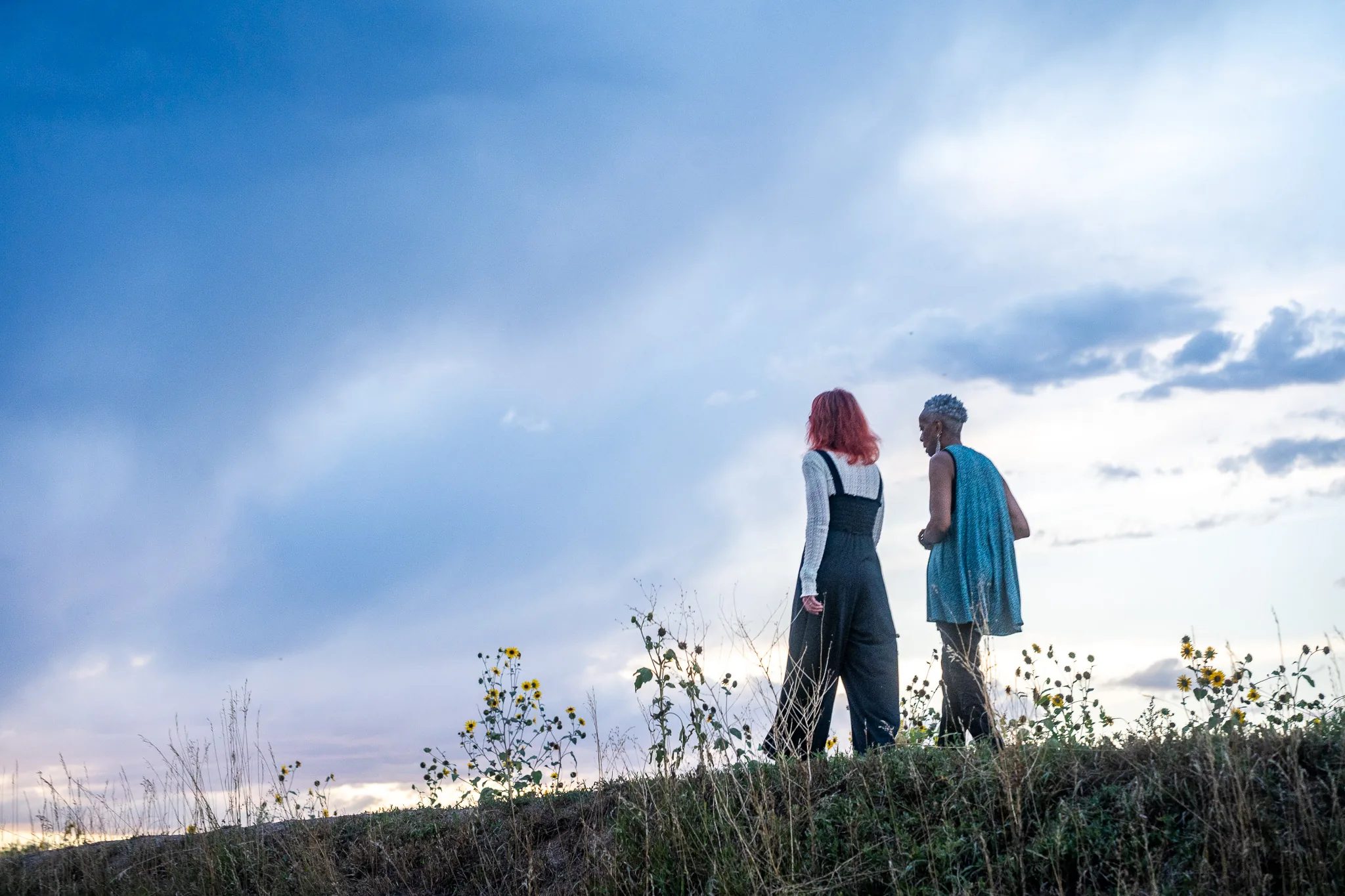 Amanda Cherry and Norma Johnson of Who Tells the Story stand talking among wild sunflowers under a dusky blue sky.
