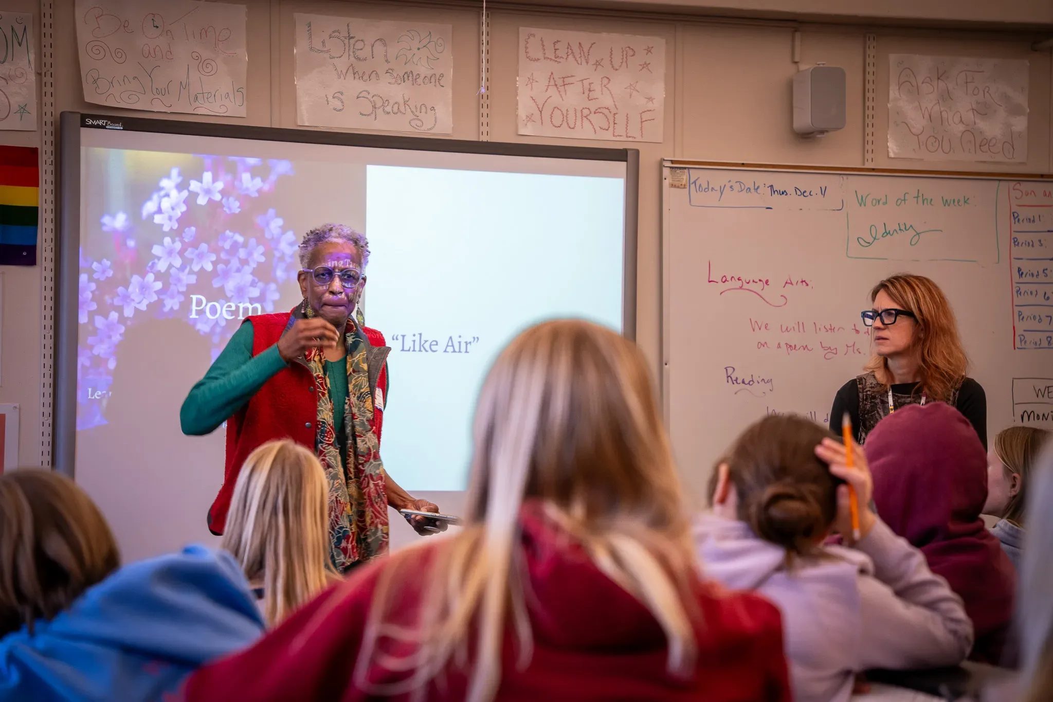 Who Tells the Story founders leading a classroom storytelling workshop